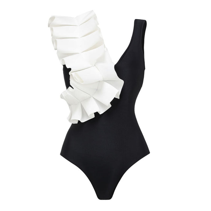 one-shoulder ruffle swimsuit with polka dot draped sarong – REMA
