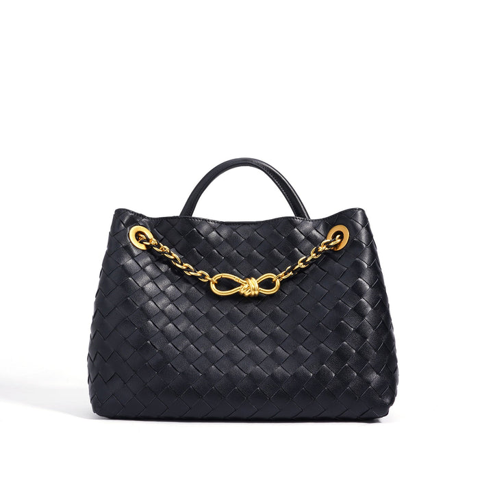 woven leather tote with gold chain detail – LYTRA
