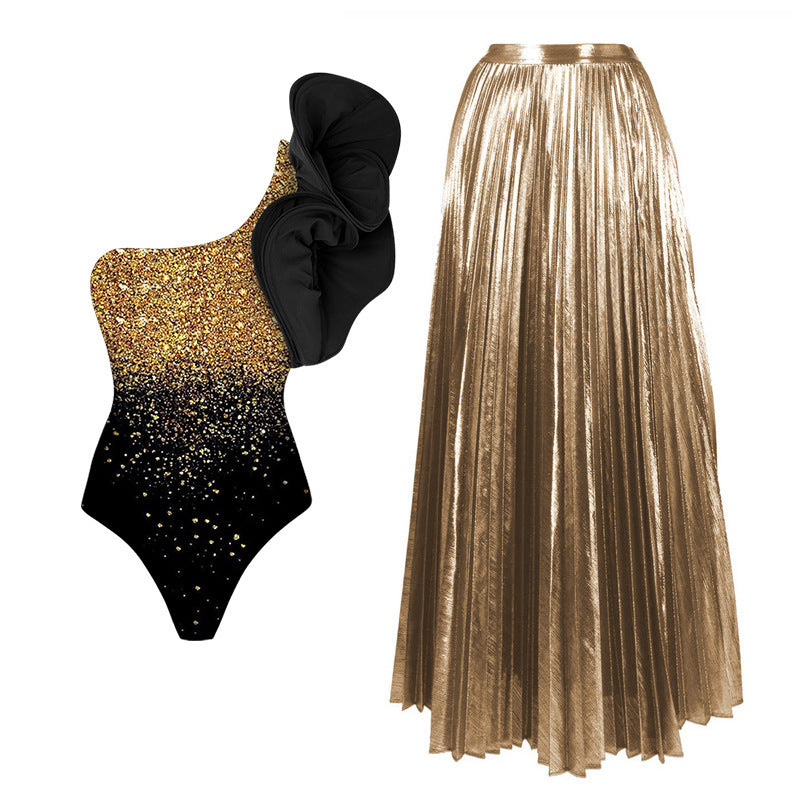 one-shoulder glitter ombré swimsuit with metallic pleated maxi skirt – GOLD