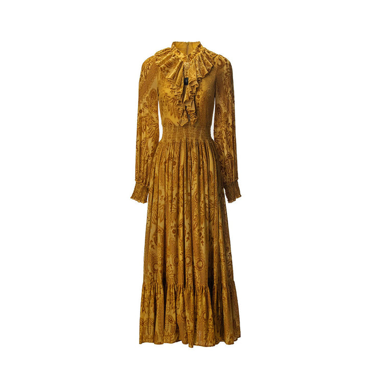 Ruffled High-Neck Printed Maxi Dress with Smocked Waist – AMBERLY