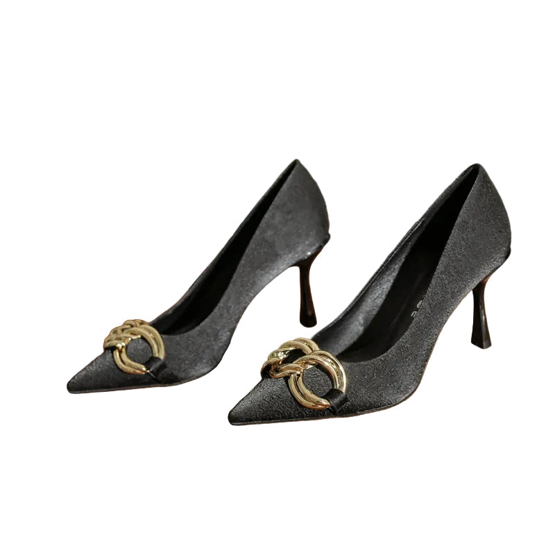 Elegant Black Pointed-Toe High Heels with Gold Chain Detail- CELESTE