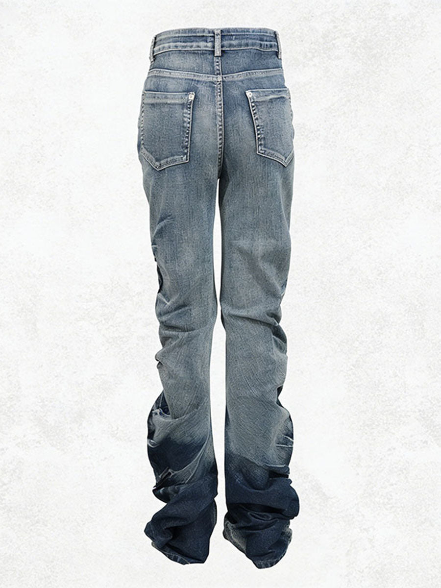 Vintage Wash High Waist Stacked Denim Jeans with Button Fly - RAVEN