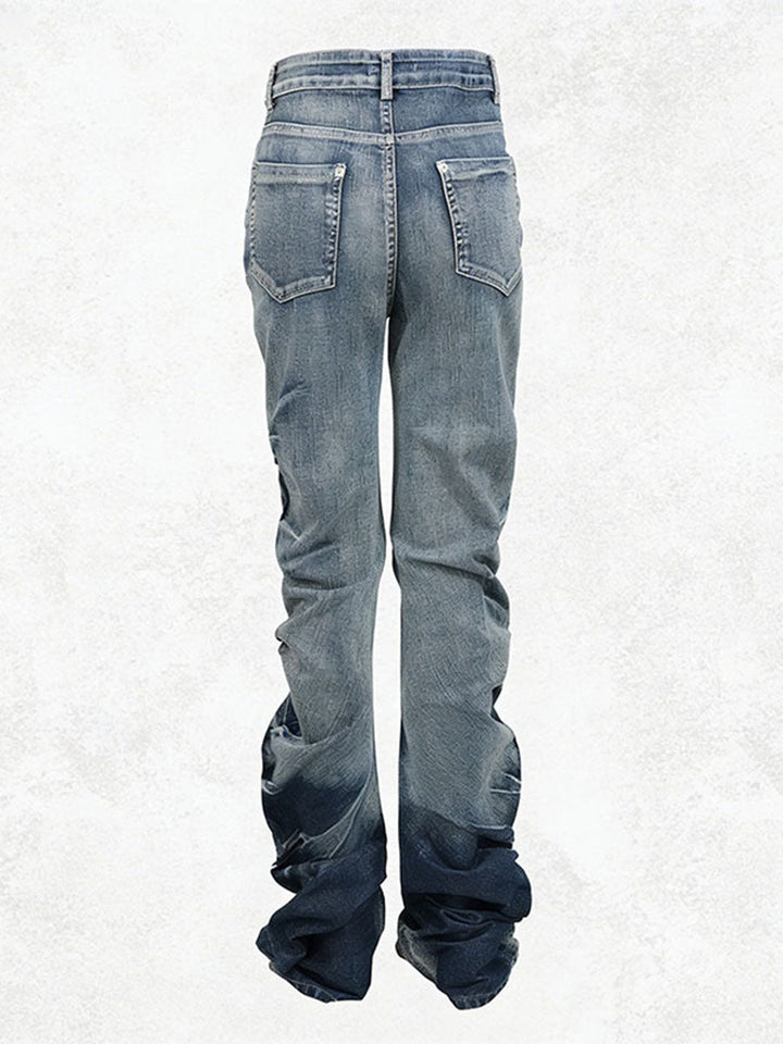 Vintage Wash High Waist Stacked Denim Jeans with Button Fly - RAVEN