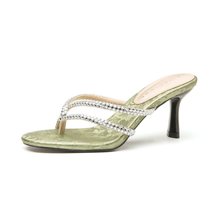 rhinestone strap heeled sandals with jacquard base – SAGE