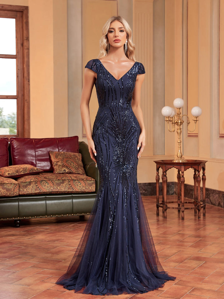 v-neck sequin mermaid dress with cap sleeves – ELIORA