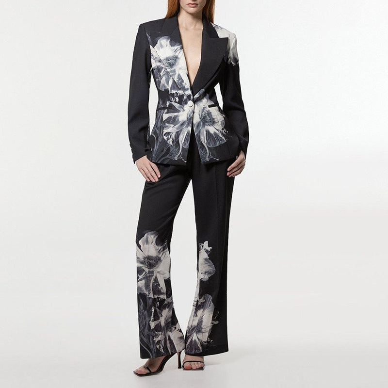 tailored blazer and wide-leg pants set with floral print – NOIRWO