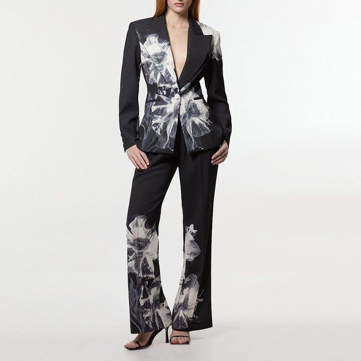 tailored blazer and wide-leg pants set with floral print – NOIRWO