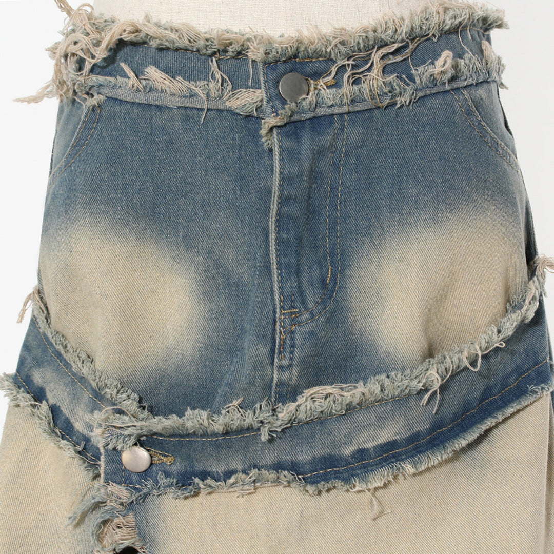 distressed denim maxi skirt with raw slit - Balthah
