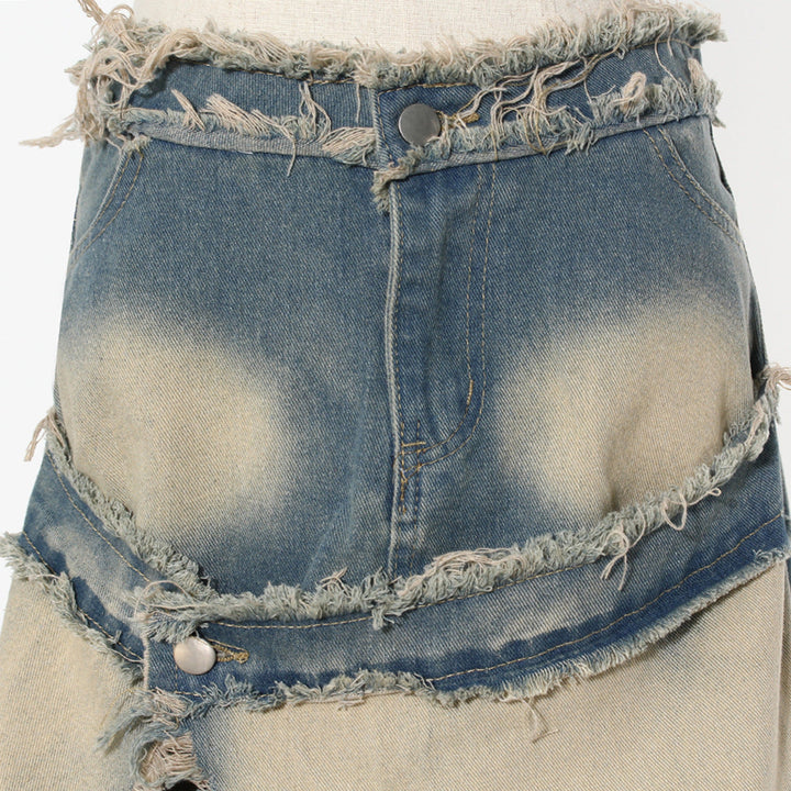 distressed denim maxi skirt with raw slit - Balthah