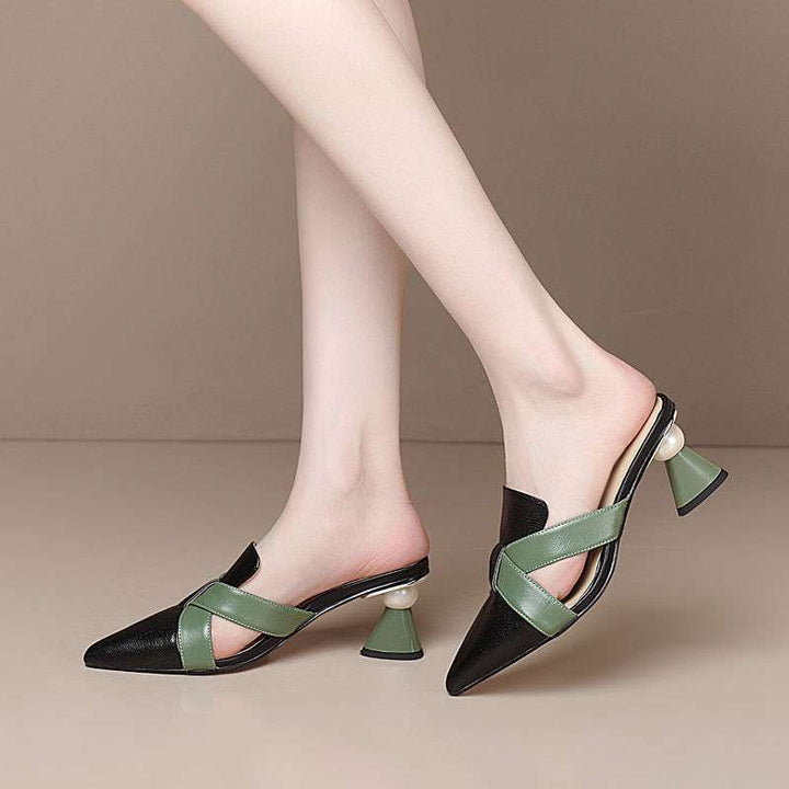 pointed leather mules with green cross straps and flared heels – VERONA