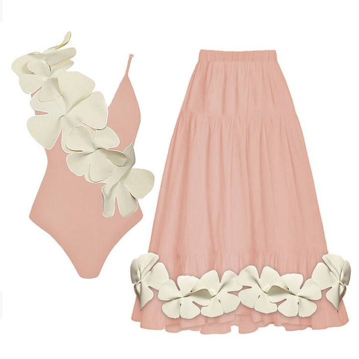 floral appliqué one-shoulder swimsuit with midi skirt set – ORANGE