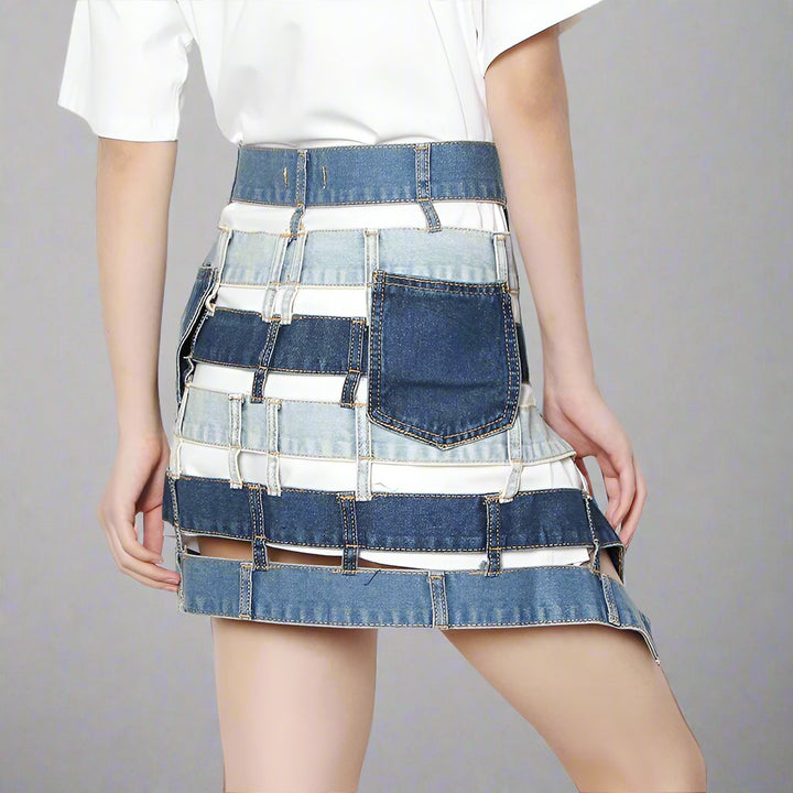 patchwork denim waist belt skirt - ODD- Talikha