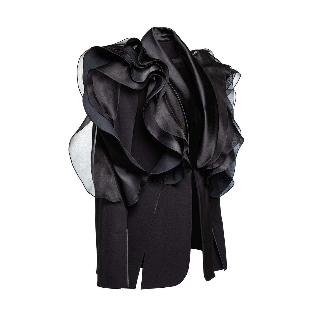 ruffled organza sleeve blazer with deep satin lapel - Jermien