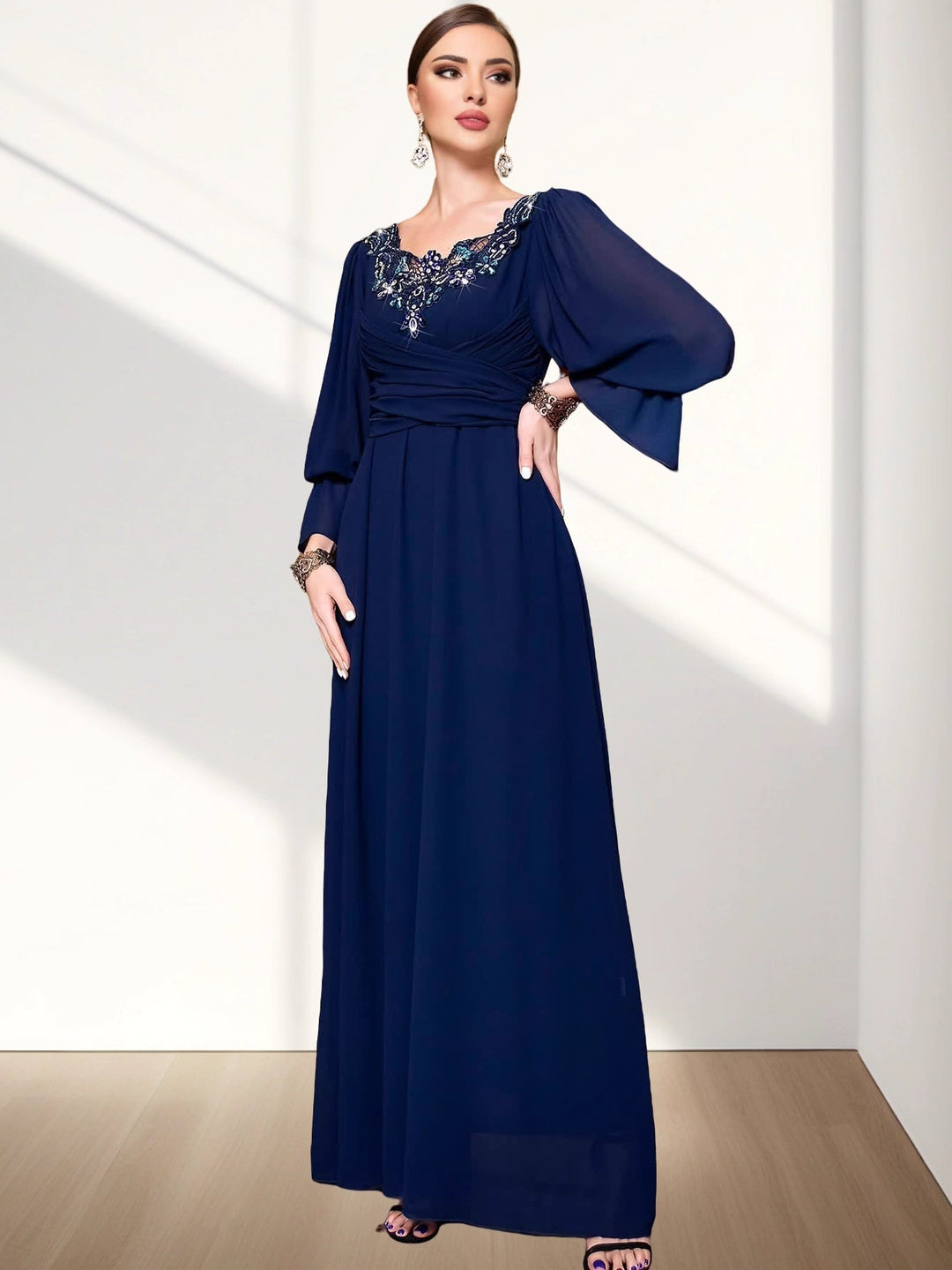 long sleeve A-line dress with embroidered neckline - AMANZIA