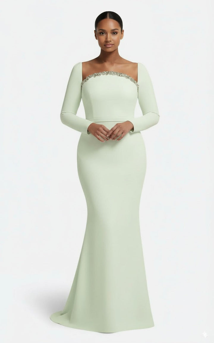 long-sleeve mermaid gown with embellished neckline – SERII-1