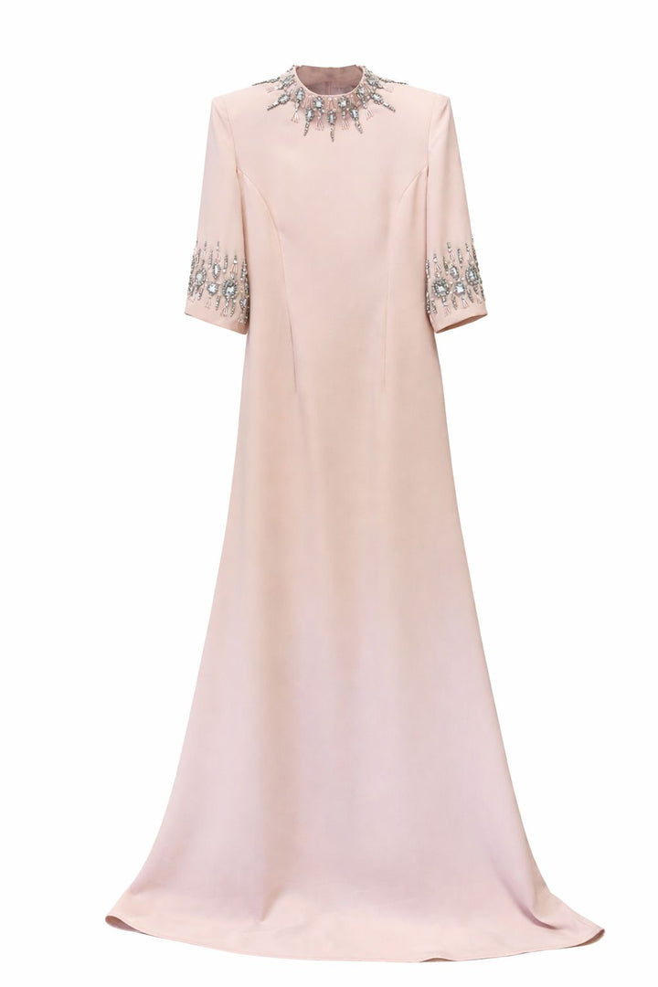 Embellished Neckline and Cuff Column Evening Dress – BLUSH