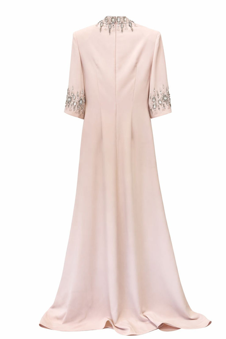 Embellished Neckline and Cuff Column Evening Dress – BLUSH