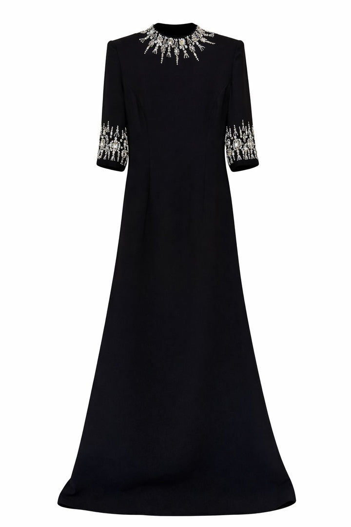 Embellished Neckline and Cuff Column Evening Dress – BLUSH