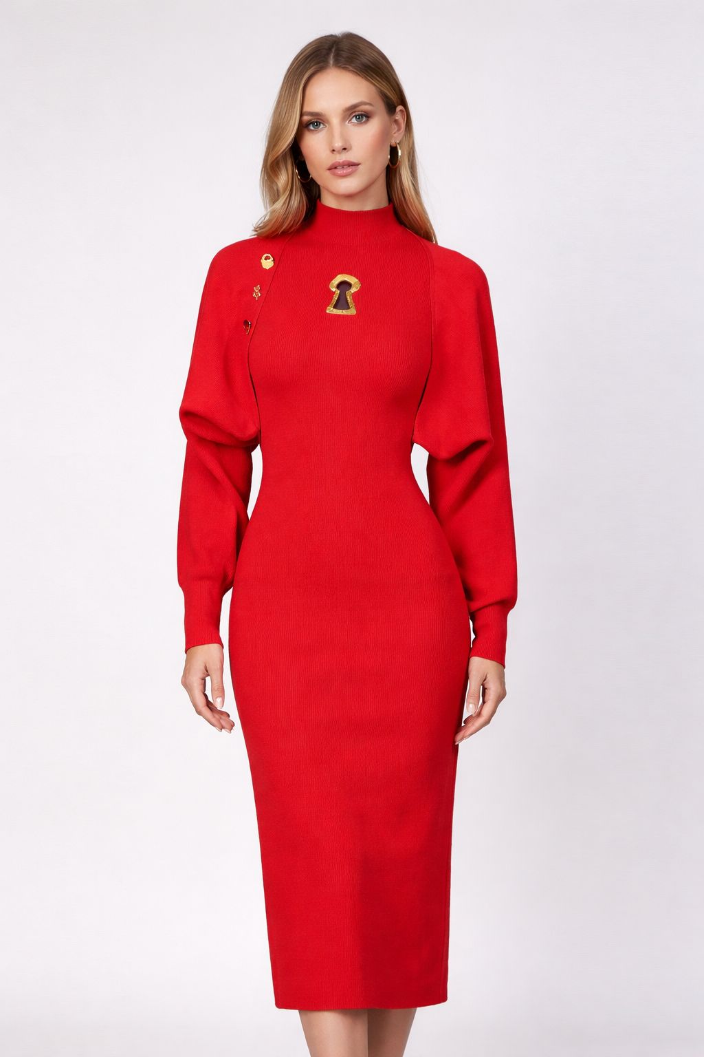 high-neck long sleeve maxi dress with gold brooch – EMPRESS