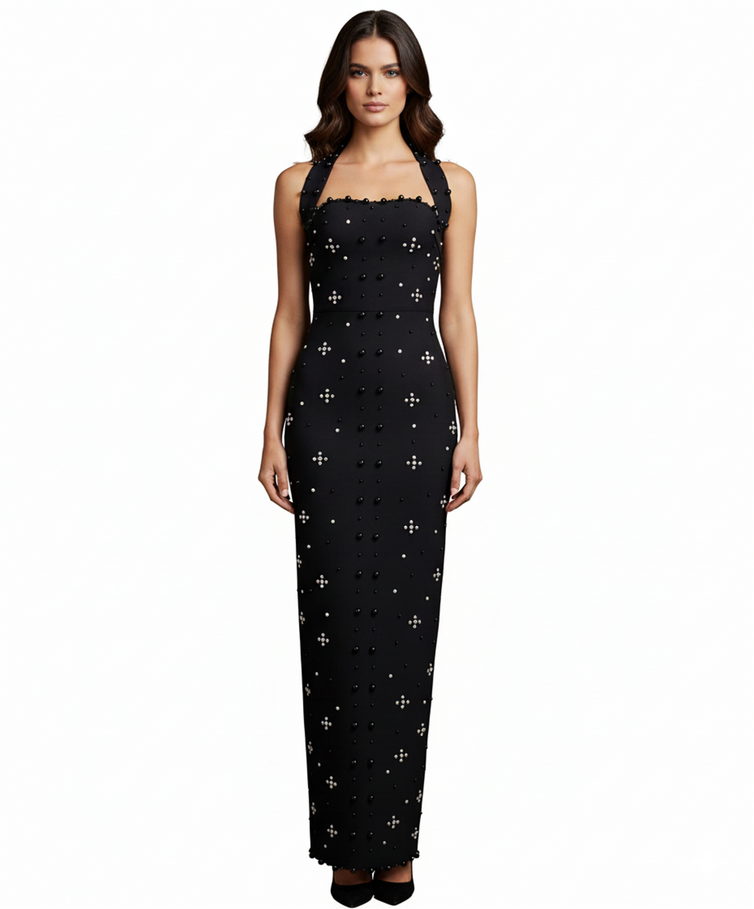 halter column dress with crystal stud detailing – FUCHSIA