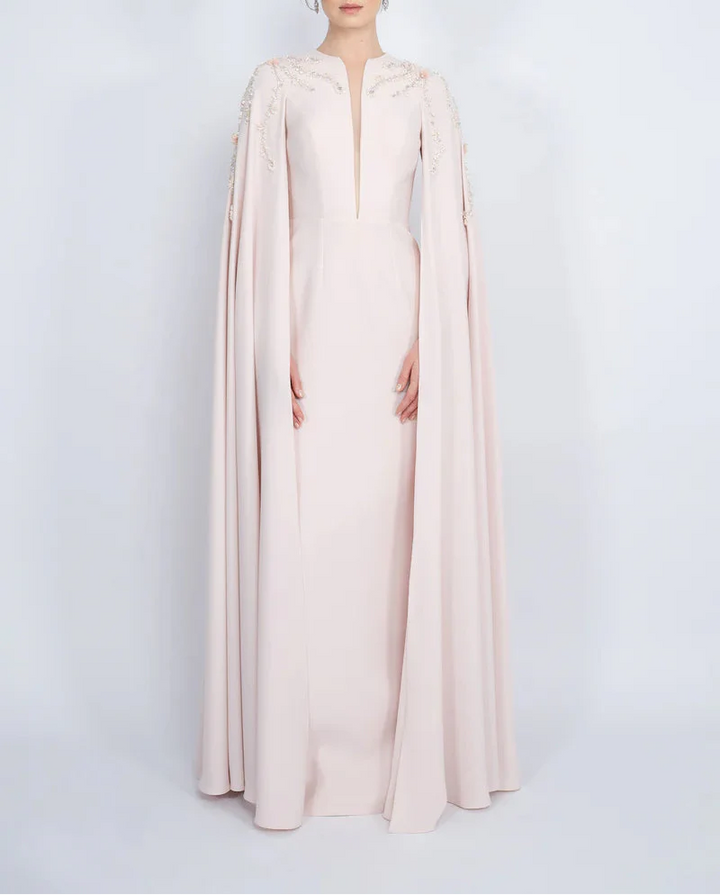 embellished cape gown with plunging neckline – POWDERE