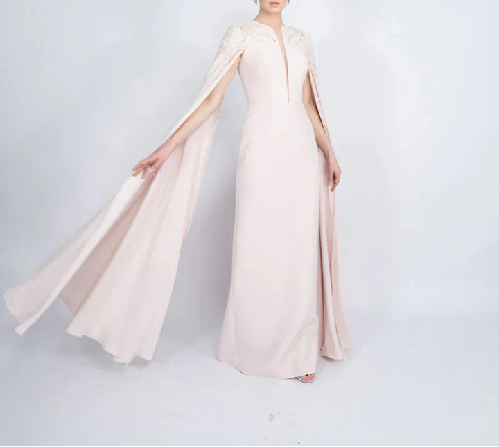 embellished cape gown with plunging neckline – POWDERE