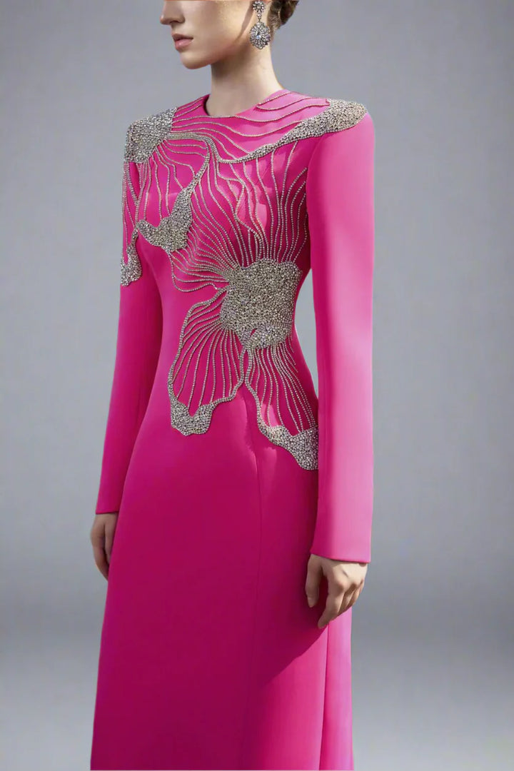 Long-Sleeve Gown with Embellished Floral Design - FUCHSIA-1
