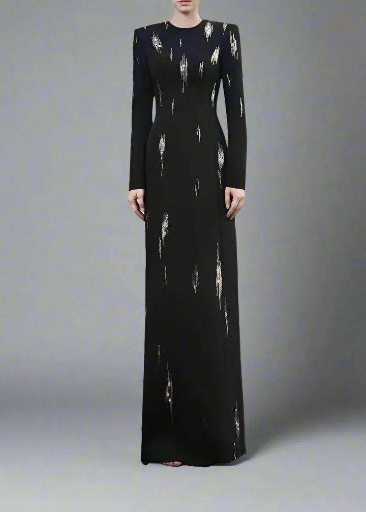 Long-Sleeve Column Dress with Metallic Embellishments - STELLAR