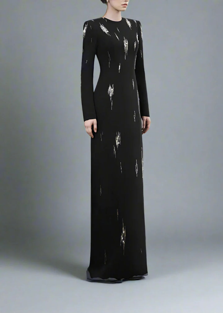 Long-Sleeve Column Dress with Metallic Embellishments - STELLAR-1