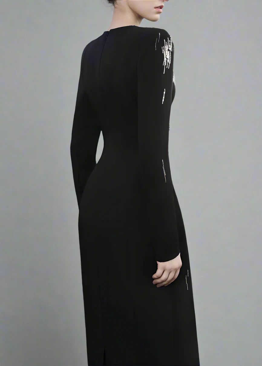 Long-Sleeve Column Dress with Metallic Embellishments - STELLAR-1
