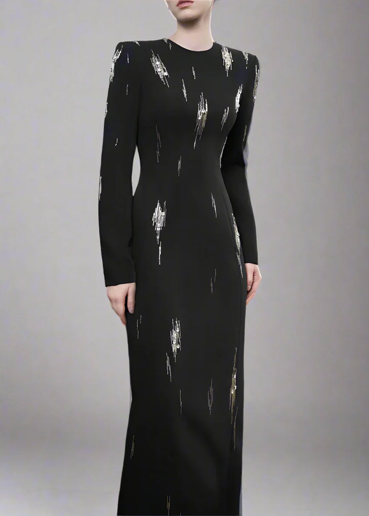 Long-Sleeve Column Dress with Metallic Embellishments - STELLAR-1