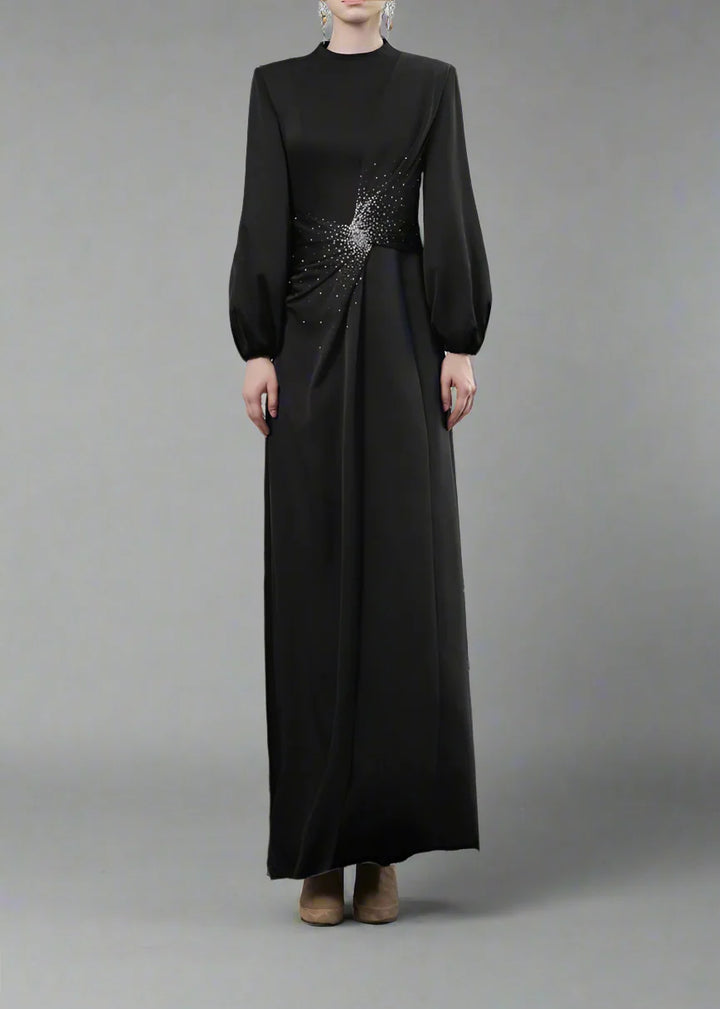 Balloon-Sleeve Gown with Embellished Waist - RADIANT