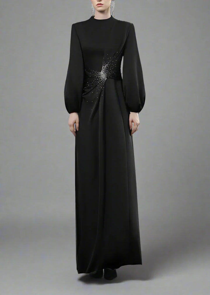 Balloon-Sleeve Gown with Embellished Waist - RADIANT