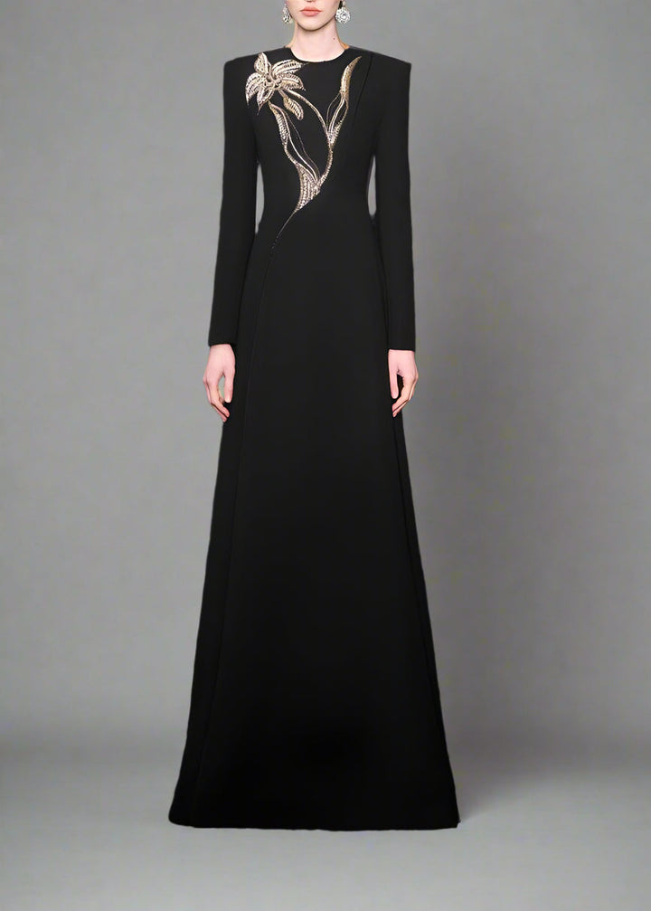 Long-sleeve column dress with floral beaded detail - ONYX