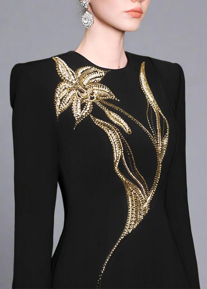 Long-sleeve column dress with floral beaded detail - ONYX