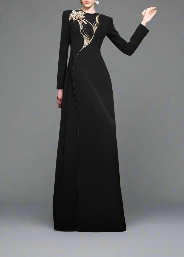 Long-sleeve column dress with floral beaded detail - ONYX