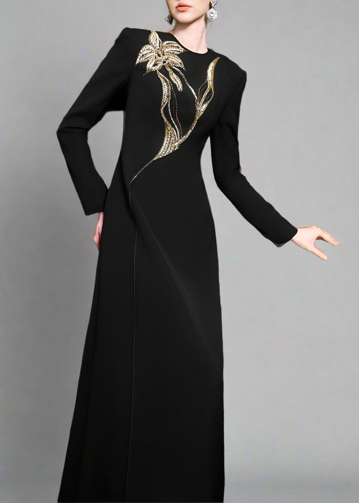 Long-sleeve column dress with floral beaded detail - ONYX