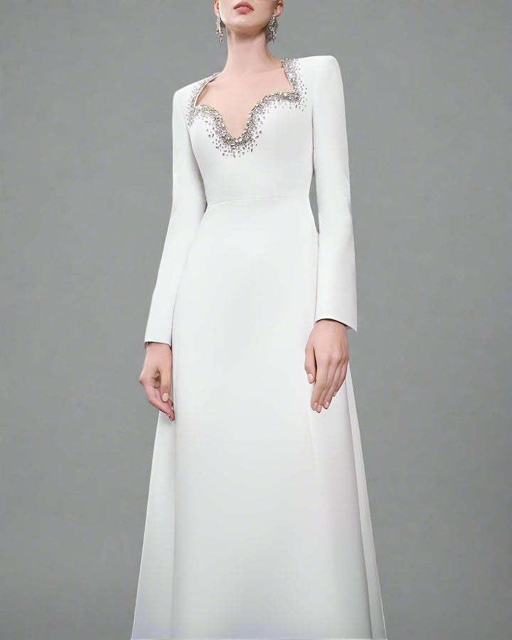 Long Sleeve Embellished Neckline Dress - Ivory