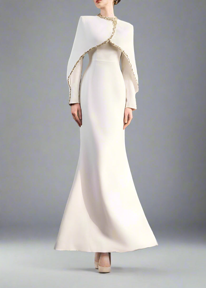 Long-Sleeve Column Dress with Embellished Cape - AURORA