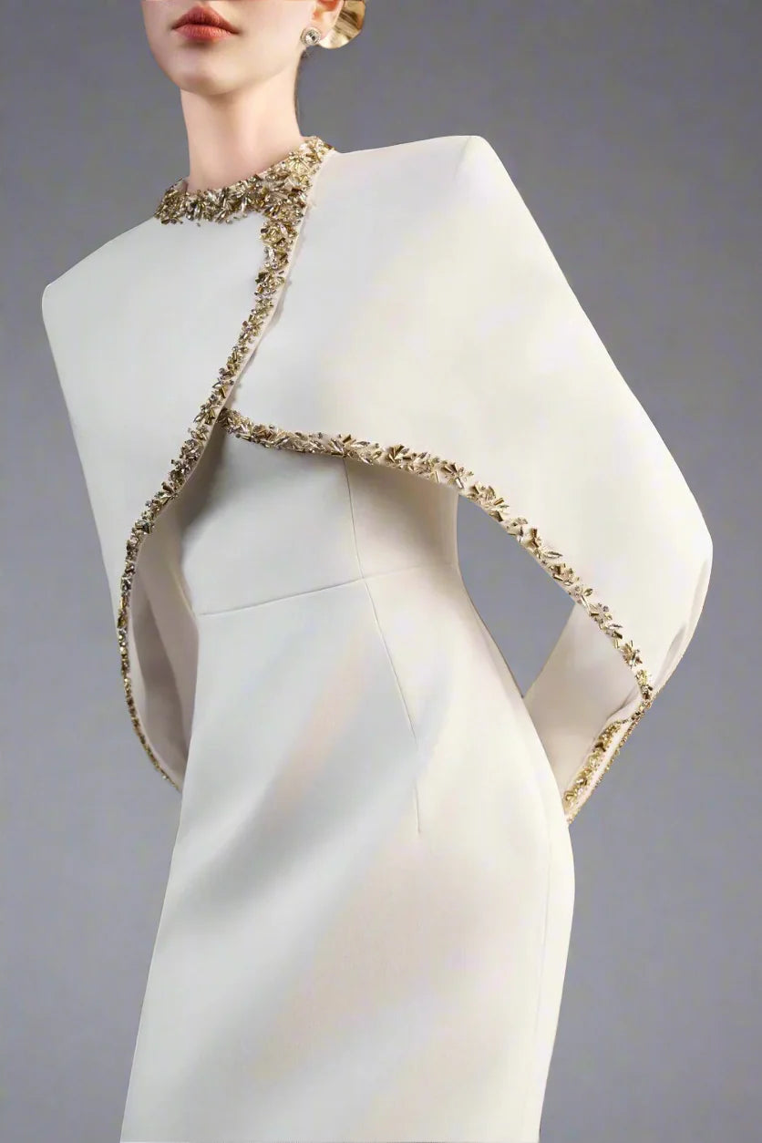 Long-Sleeve Column Dress with Embellished Cape - ODD - AURORA