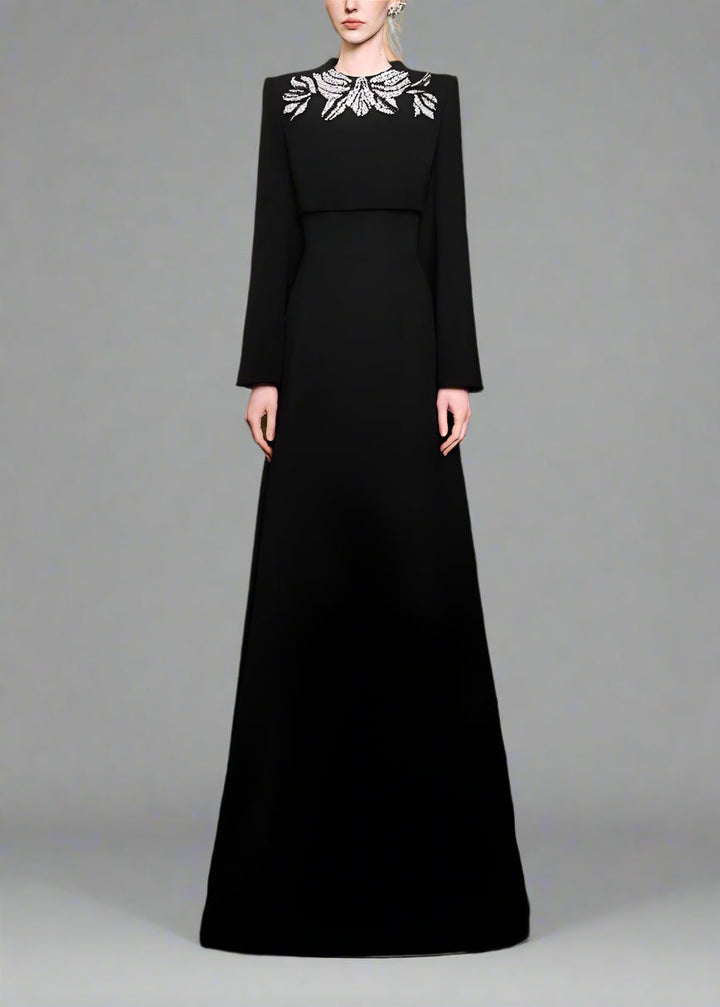 Vertical dress with long sleeves and decorated neck - elegance