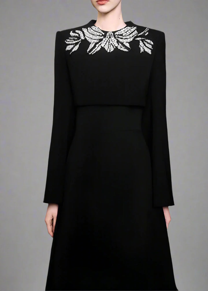 Vertical dress with long sleeves and decorated neck - elegance
