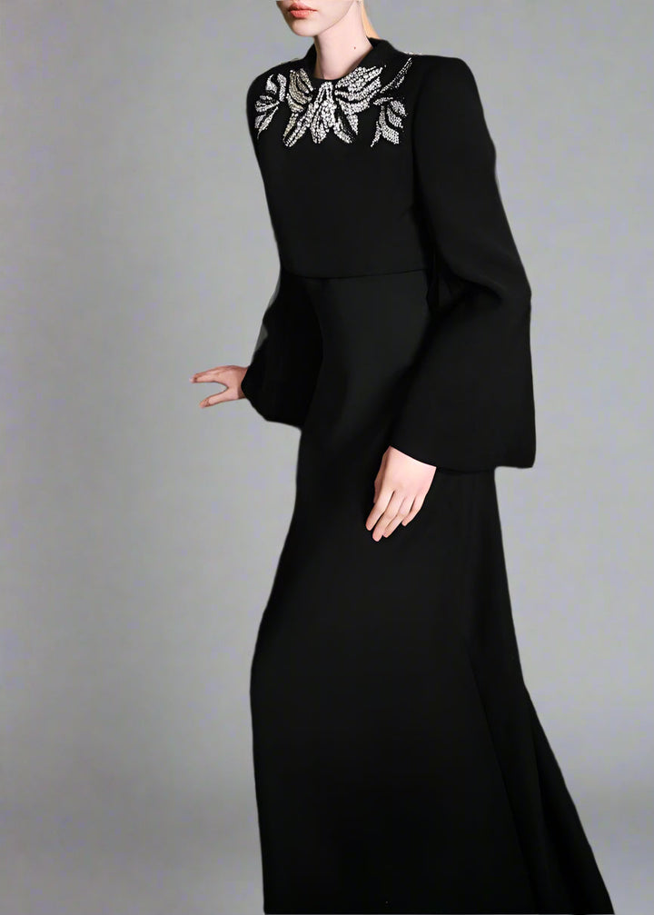 Vertical dress with long sleeves and decorated neck - elegance