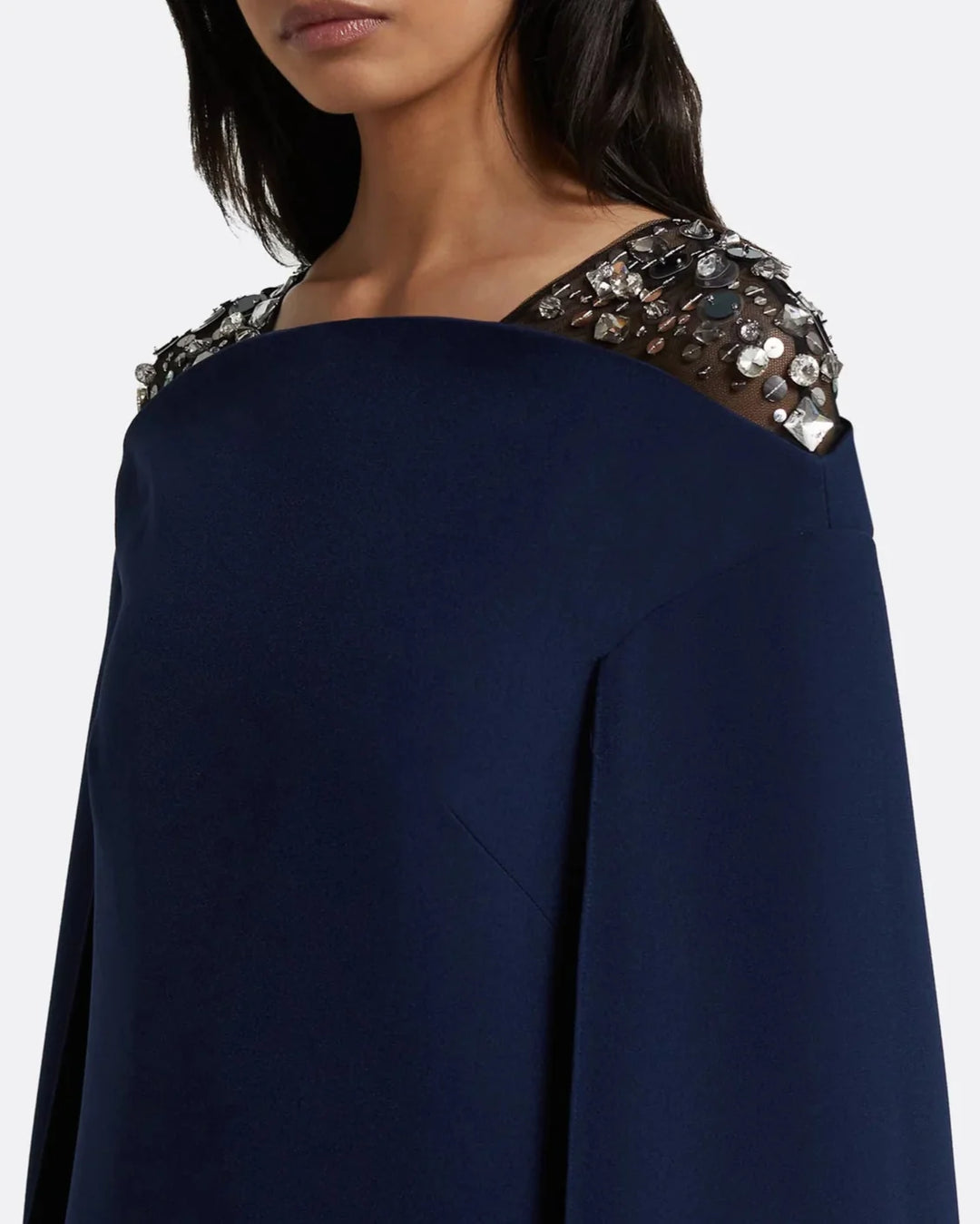 Sleeveless column dress with embellished shoulders and cape - Sophia-1