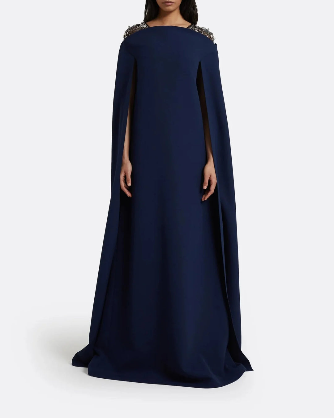 Sleeveless column dress with embellished shoulders and cape - Sophia-1