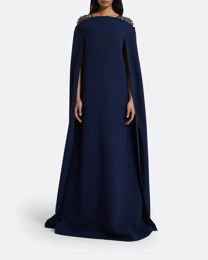 Sleeveless column dress with embellished shoulders and cape - Sophia-1
