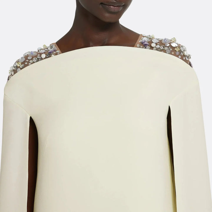 Sleeveless column dress with embellished shoulders and cape - Bethany-1
