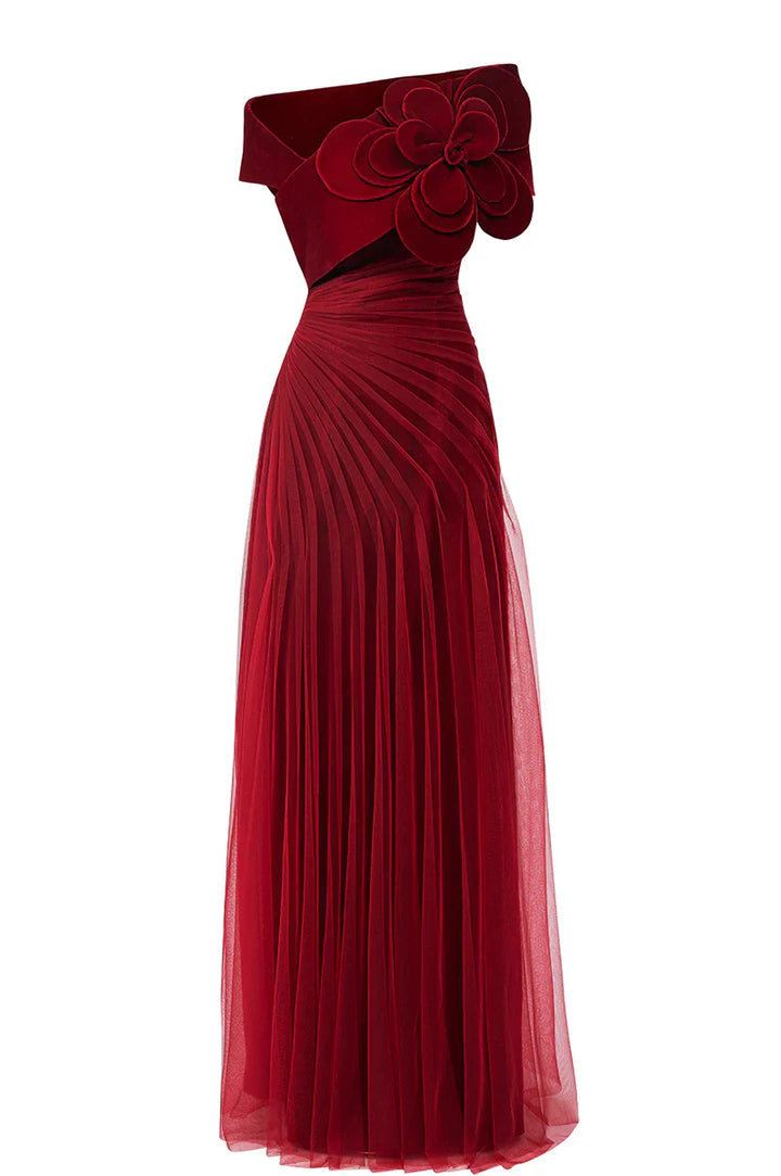Off-shoulder pleated gown with oversized floral detail – SCARFAH-1
