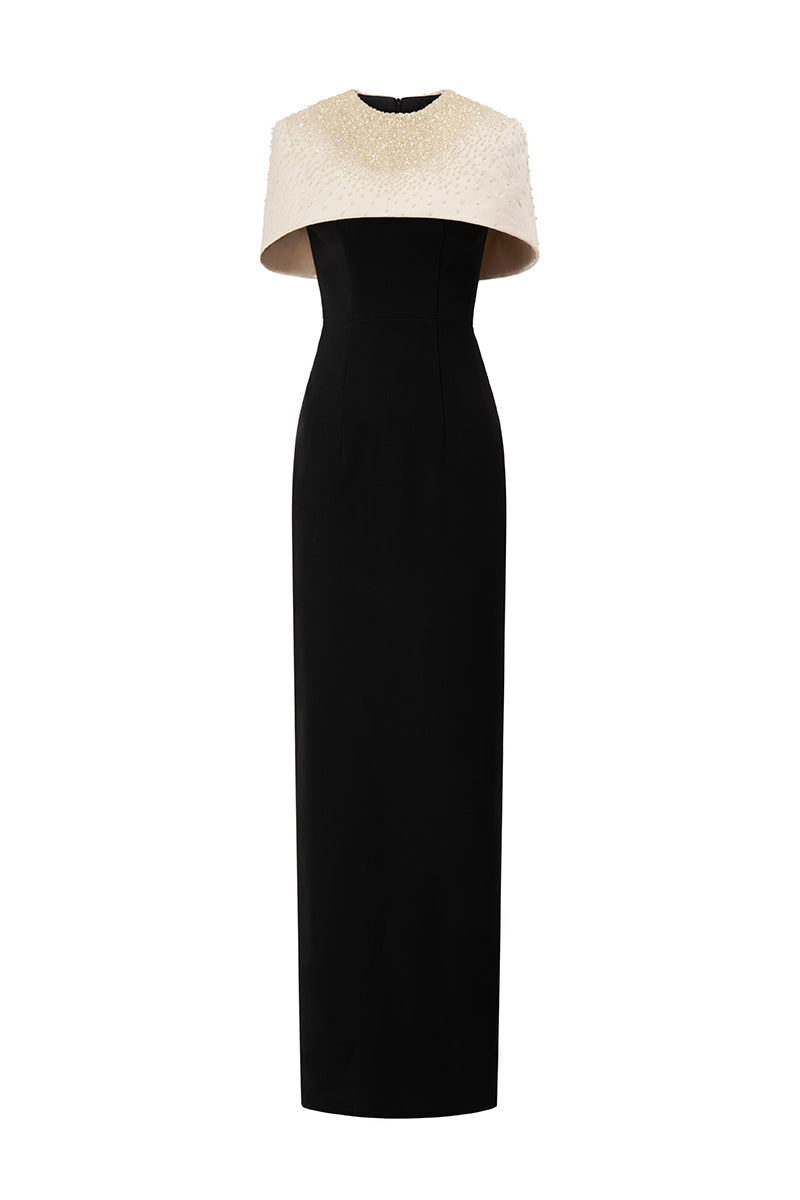 embellished mini-cape gown with column silhouette – BEATRICE