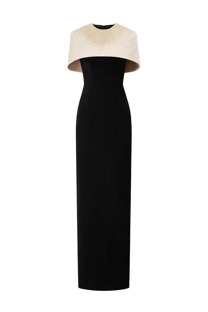 embellished mini-cape gown with column silhouette – BEATRICE